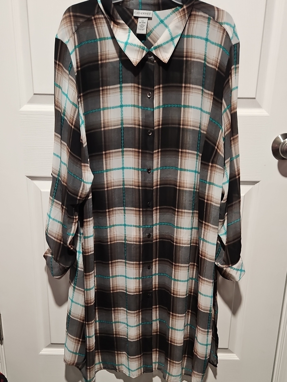 Catherines Black Plaid Button-Front Womens Shirt with Teal Accents 3XL